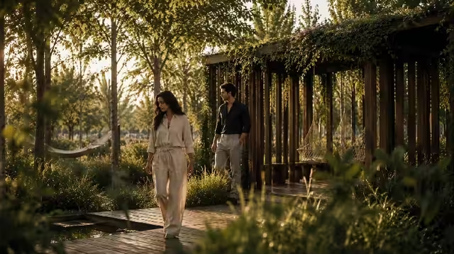 Couple walking through gardens